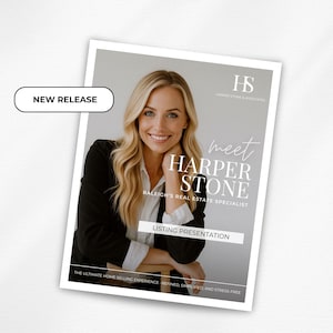 May include: A promotional flyer with the text "NEW RELEASE" in a white rounded rectangle. The flyer features a smiling woman with blonde hair and the text "meet HARPER STONE, Raleigh's Real Estate Specialist, Listing Presentation."
