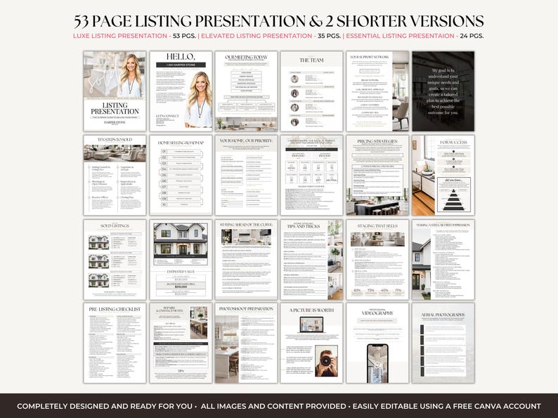 Home seller guide Canva template with pre-listing checklist, market analysis, and professional real estate branding.