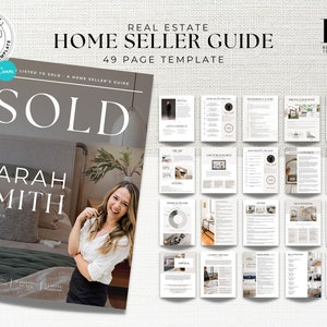May include: A 49-page home seller guide template with a cover featuring a woman smiling and the text "SOLD" in large, white letters. The guide includes tips on preparing your home for sale, pricing your home, marketing your home, and closing the sale.