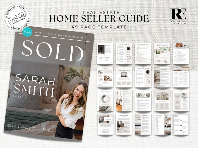May include: A 49-page home seller guide template with a cover featuring a woman smiling and the text "SOLD" in large, white letters. The guide includes tips on preparing your home for sale, pricing your home, marketing your home, and closing the sale.