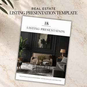 Peut inclure: Un modèle de présentation de vente immobilière avec le texte REAL ESTATE LISTING PRESENTATION en haut. La page de couverture montre une photographie d'un salon aux murs sombres avec un canapé, une table basse et une plante en pot.