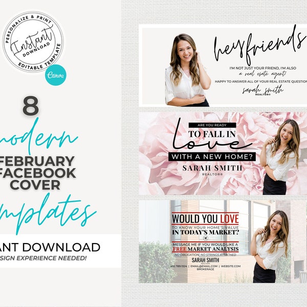 Real Estate February Cover Photos, Facebook Valentine Cover Photos, Social Media Banner, Instant Download, Canva, Spring Cover Photos
