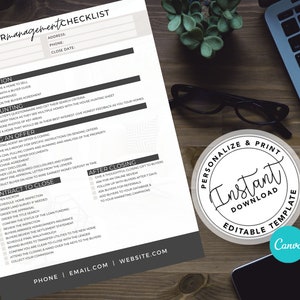 Real Estate Buyer Management Checklist, Contract to Close Checklist, Real Estate Marketing, Real Estate Checklist, Agent, Custom, Canva
