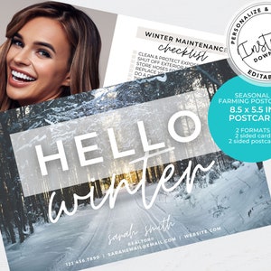 Real Estate Hello Winter Postcard, Real estate marketing, Winter Mailer, Neighborhood Farming Card, Canva Template, Real Estate template