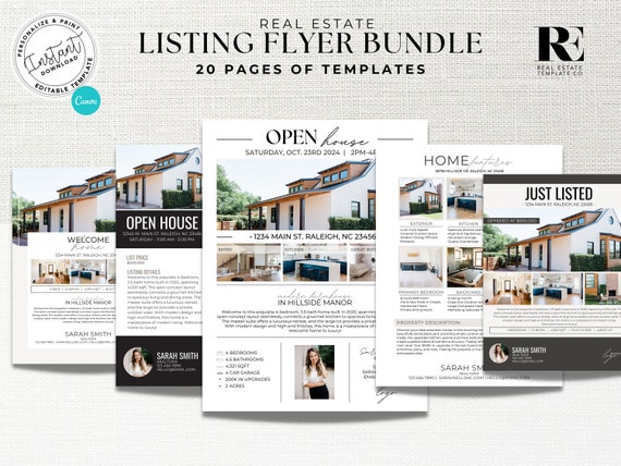 Real Estate Flyer Bundle, Real Estate Marketing, Open House, Editable Listing Flyers, For Sale Flyer, Open House Flyer, Feature Sheet, Canva