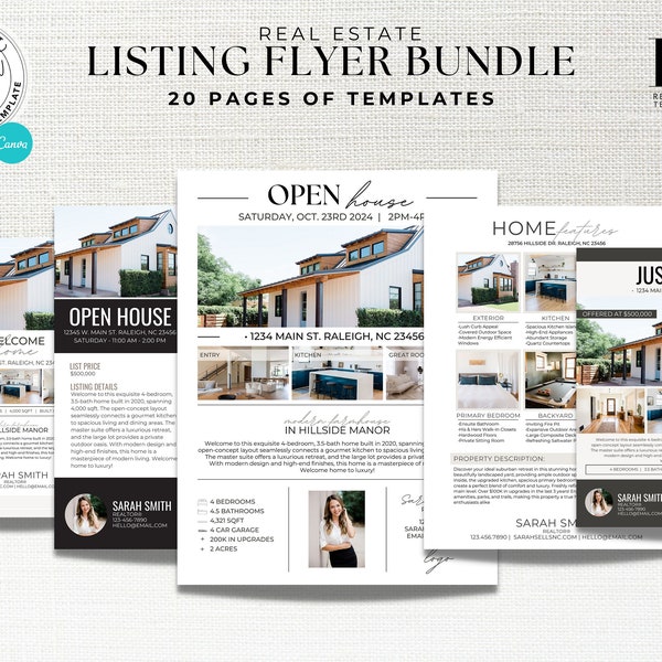 Real Estate Flyer Bundle, Real Estate Marketing, Open House, Editable Listing Flyers, For Sale Flyer, Open House Flyer, Feature Sheet, Canva