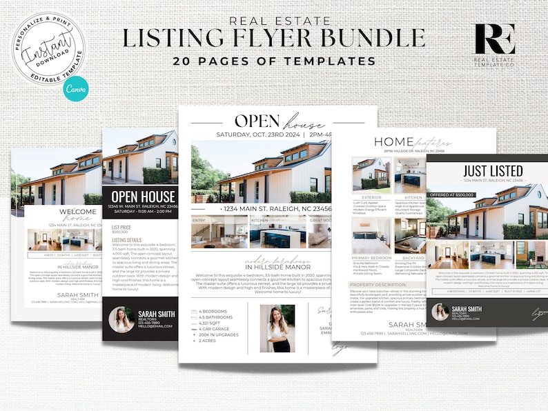 May include: A set of four real estate listing flyers with a modern farmhouse design. The flyers feature photos of the homes, listing details, and contact information for the real estate agent. The text on the flyers reads "Open House", "Just Listed", and "Welcome Home".