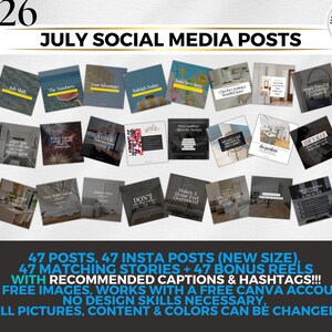 May include: A digital template set for 2026 July social media posts featuring 47 posts, 47 Instagram posts, 47 matching stories, and 47 bonus reels. The collection includes editable text, customizable colors, and content for a Canva account.
