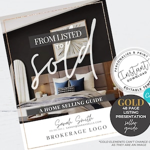 Real Estate Seller Guide, Gold Home Seller, Real Estate Marketing, Real Estate Template, Listing Presentation, Canva Template, Glitter