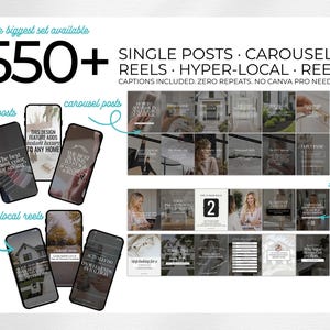 May include: An image showcasing a digital marketing set with over 550 templates for social media. The set includes single posts, carousels, reels, and hyper-local reels. The text on the image says "The best paint color for selling" and "This design feature adds instant luxury to any home."