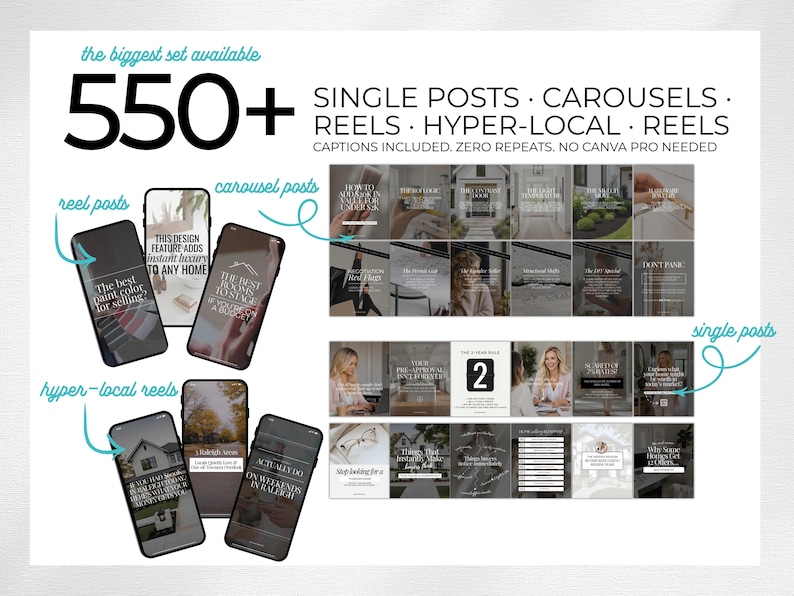 May include: An image showcasing a digital marketing set with over 550 templates for social media. The set includes single posts, carousels, reels, and hyper-local reels. The text on the image says "The best paint color for selling" and "This design feature adds instant luxury to any home."