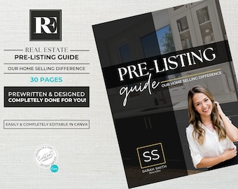 May include: A black and white pre-listing guide for real estate agents. The guide is 30 pages long and includes pre-written and designed content. It is easily editable in Canva. The guide features a photo of a woman in a kitchen.
