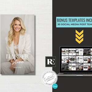 May include: A promotional image for real estate services. It features a headshot of a woman in a white suit, the text "HARPER Stone REALTORS", and a laptop displaying social media post templates. The image also includes the text "BONUS TEMPLATES INCLUDED! 30 SOCIAL MEDIA POST TEMPLATES".