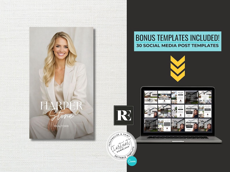May include: A promotional image for real estate services. It features a headshot of a woman in a white suit, the text "HARPER Stone REALTORS", and a laptop displaying social media post templates. The image also includes the text "BONUS TEMPLATES INCLUDED! 30 SOCIAL MEDIA POST TEMPLATES".