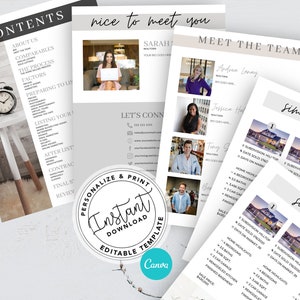 May include: A white and gray real estate brochure with a table of contents, a section titled "Meet the Team" with photos of four real estate agents, and a section titled "Similar Listings" with photos of houses. The brochure also includes a section titled "Let's Connect" with contact information for the real estate agents.