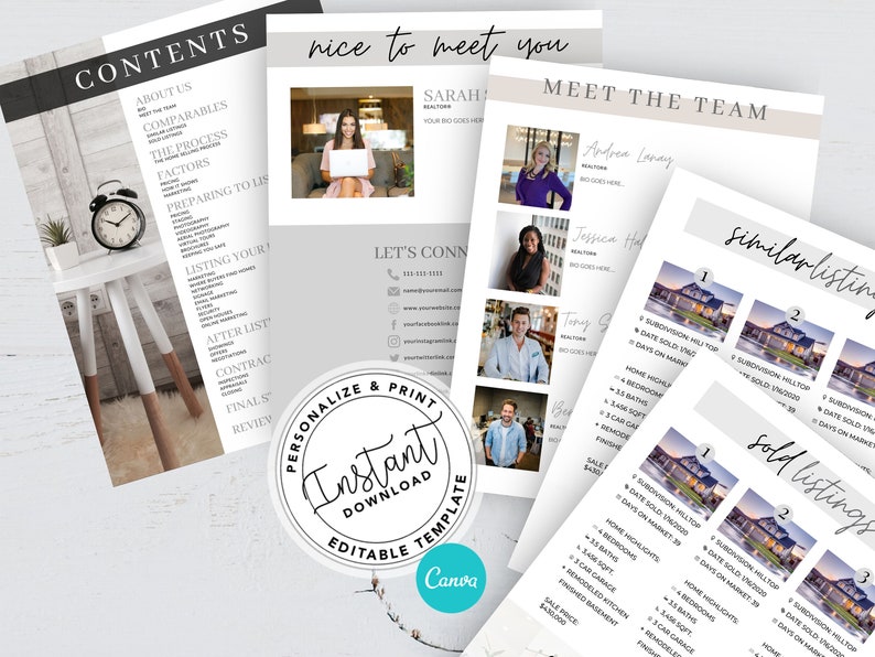 May include: A white and gray real estate brochure with a table of contents, a section titled "Meet the Team" with photos of four real estate agents, and a section titled "Similar Listings" with photos of houses. The brochure also includes a section titled "Let's Connect" with contact information for the real estate agents.