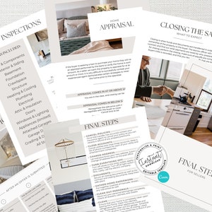 May include: A set of printable checklists for real estate agents and sellers. The checklists cover topics such as inspections, home appraisal, closing the sale, and final steps for sellers. The checklists are designed to help guide real estate transactions.