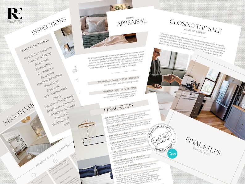 May include: A set of printable checklists for real estate agents and sellers. The checklists cover topics such as inspections, home appraisal, closing the sale, and final steps for sellers. The checklists are designed to help guide real estate transactions.