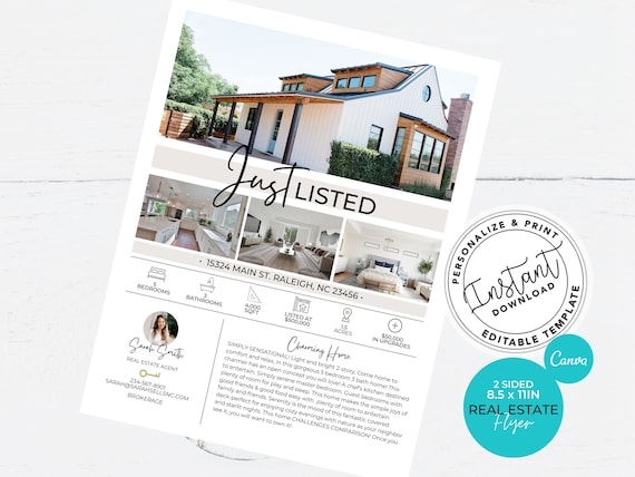 Real Estate Flyer, Real Estate Marketing, Canva Template, Just Listed Flyer, Open House Flyer, Flyer Template, Editable Flyer, Agent Flyer