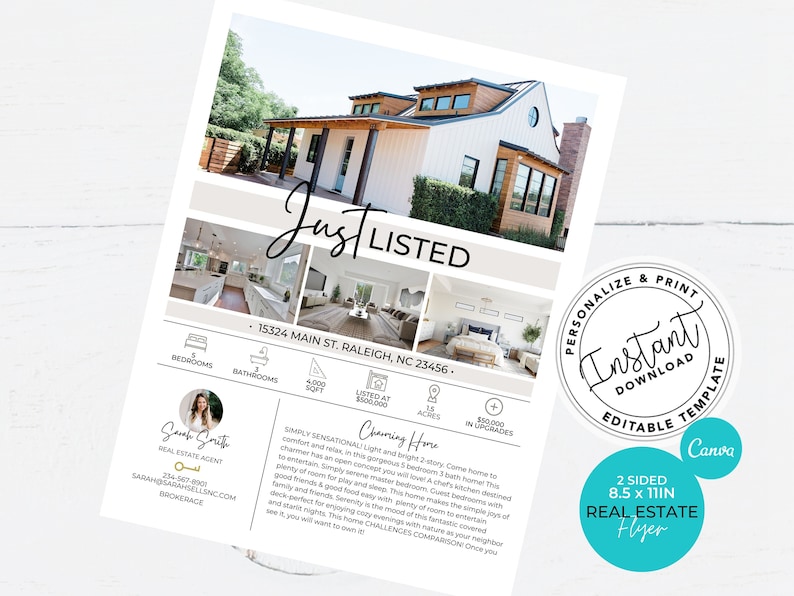 May include: A real estate flyer with a photo of a white farmhouse with a brown roof. The flyer is titled "Just Listed" and includes details about the home, such as the address, number of bedrooms and bathrooms, square footage, and price. The flyer also includes a photo of the real estate agent and her contact information.