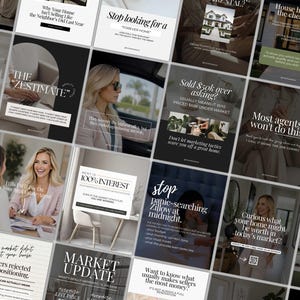 May include: A collection of social media posts with real estate marketing themes. The posts feature text overlays with phrases like "Forever Home," "Market Update," and "House Hacking." Images include a woman, a house, and interior design elements.