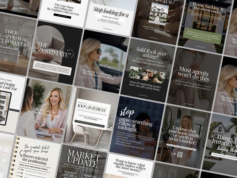 May include: A collection of social media posts with real estate marketing themes. The posts feature text overlays with phrases like "Forever Home," "Market Update," and "House Hacking." Images include a woman, a house, and interior design elements.