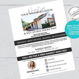 Real Estate Letter, Sold your neighbors House Flyer, Agent Farming Flyer, Real Estate Mailer, Real estate marketing, Real Estate Template