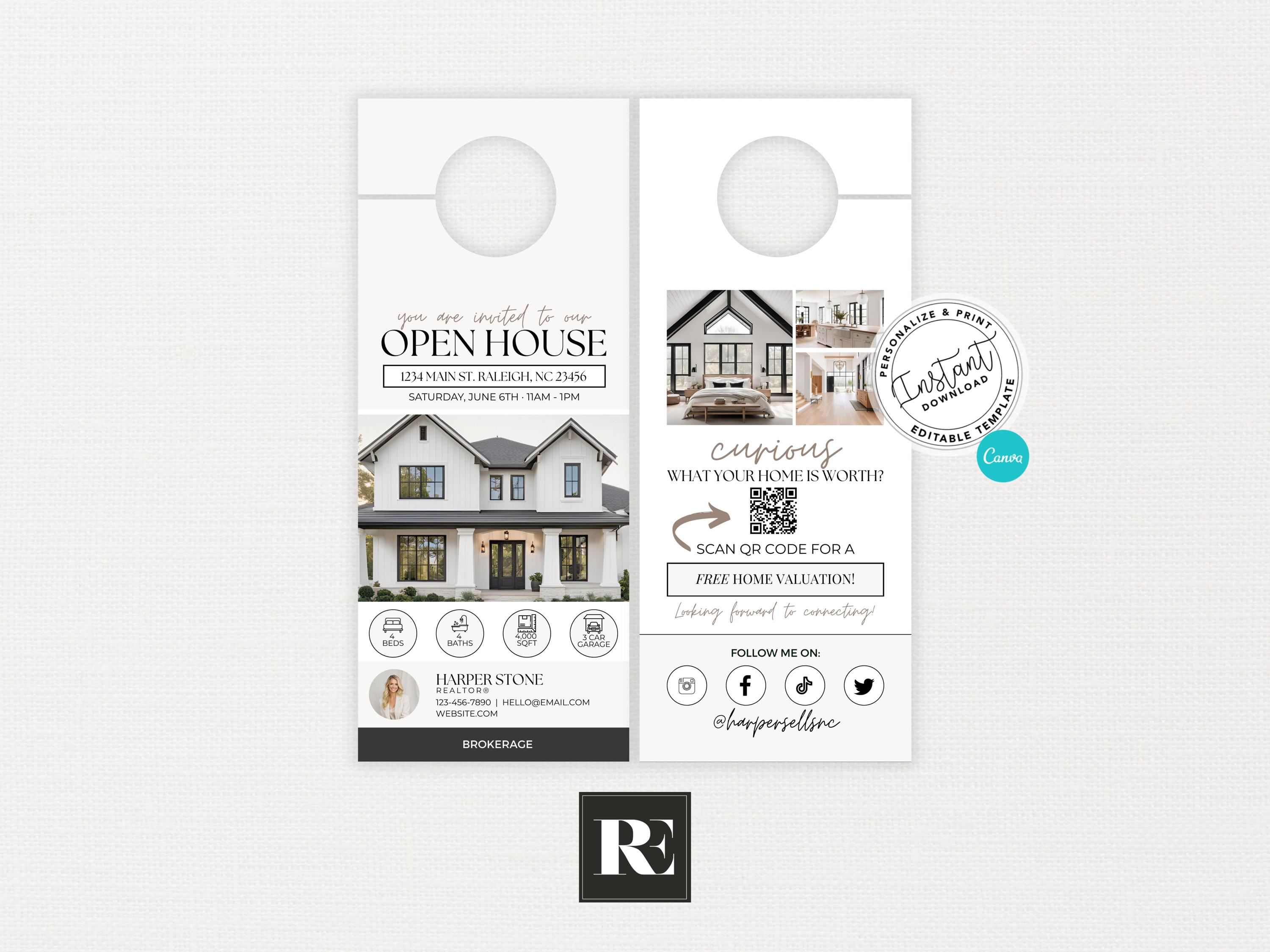 Open House Door Hanger Canva Template, Real Estate Marketing, Open ...