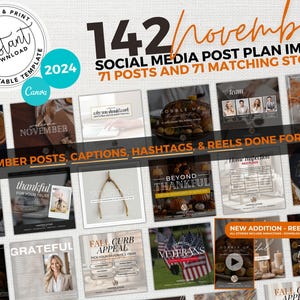 May include: A collage of 142 social media post plan images for November, featuring a variety of themes including Thanksgiving, Veterans Day, and fall curb appeal. The images are designed for use on Instagram and other social media platforms.  The text "NOVEMBER POSTS, CAPTIONS, HASHTAGS, & REELS DONE FOR YOU!" is included in the image.