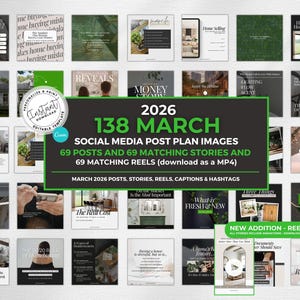 May include: A collection of social media post plan images for March 2026, featuring 69 posts, 69 stories, and 69 reels. The images are designed for real estate marketing, with various templates and graphics. Includes the text "2026 March" and "Social Media Post Plan Images".