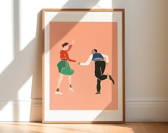 Puede incluir: Una ilustración enmarcada de una pareja bailando sobre un fondo melocotón. La mujer lleva una blusa roja, una falda verde y zapatos blancos. El hombre lleva una camisa a rayas azules y blancas, pantalones negros y zapatos marrones.