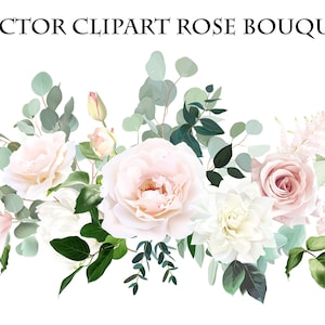 Pale pink and dusty beige rose, carnation, magnolia, dahlia, eucalyptus, greenery vector design floral bouquet. Classic wedding sage, white