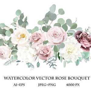 Silver sage green and blush pink flowers vector design bouquet. Dusty mauve rose, white dahlia, carnation, peony, ranunculus, eucalyptus
