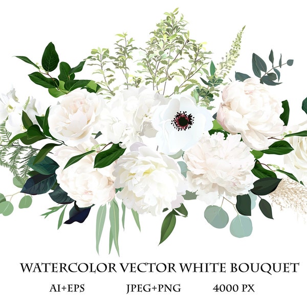 Classic white peony, hydrangea, anemone and rose flowers, eucalyptus, fern, salal, greenery, big vector design wedding spring bouquet.