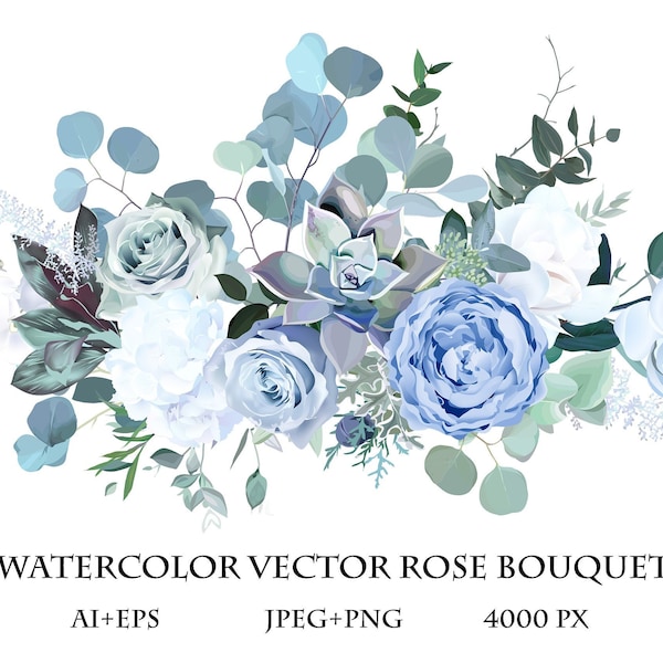 Dusty blue rose, white hydrangea, ranunculus, magnolia, anemone, succulent, greenery, juniper vector design bouquet. Wedding seasonal flower