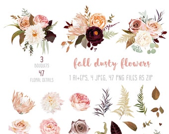 Floral pastel watercolor style big vector EPS, JPEG+PNG clipart collection Fall autumn ranunculus, protea, rose, dahlia, dusty orange flower