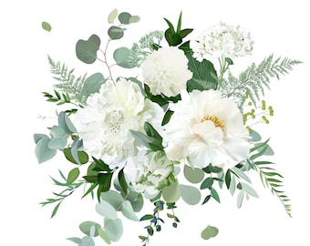 Silver sage green and white flowers vector design spring herbal bouquet. Ivory peony, dahlia, tulip, hydrangea, eucalyptus, greenery.