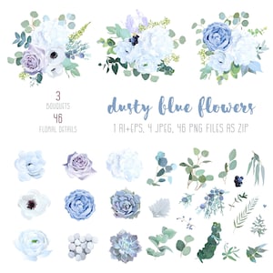 Dusty blue vector clipart. Pale purple flower, mauve rose, white hydrangea, ranunculus, succulents, eucalyptus.