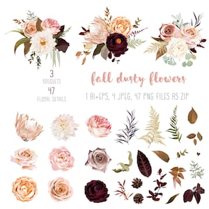 Floral pastel watercolor style big vector EPS, JPEG+PNG clipart collection Fall autumn ranunculus, protea, rose, dahlia, dusty orange flower