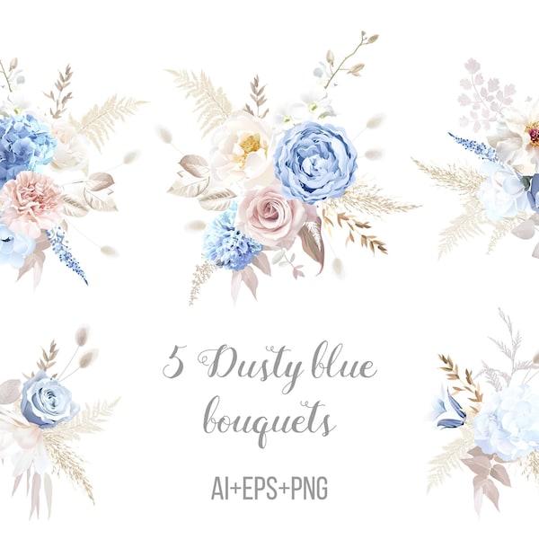 Boho beige and dusty blue trendy vector design bouquets. Pastel pampas grass, carnation, lavender, peony, hydrangea, pink rose, lagurus