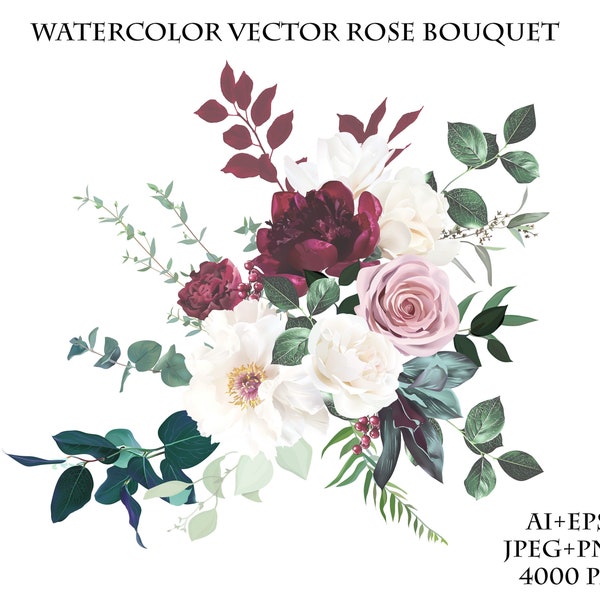 Blush pink rose, burgundy red peony, ranunculus, ivory white magnolia flowers vector design bouquet. Wedding floral and greenery