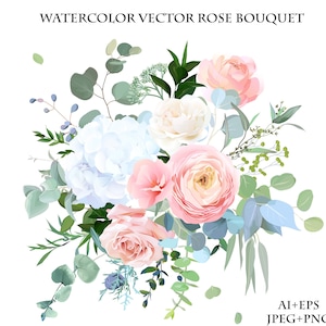 Dusty blue, peachy blush rose, white hydrangea, ranunculus, wedding flowers, greenery and eucalyptus, berry, juniper digital vector bouquet.