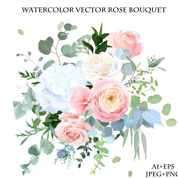 Bleu poussiéreux, rose blush pêche, hortensia blanc, renoncule, fleurs de mariage, verdure et eucalyptus, baie, bouquet vectoriel numérique de genièvre.