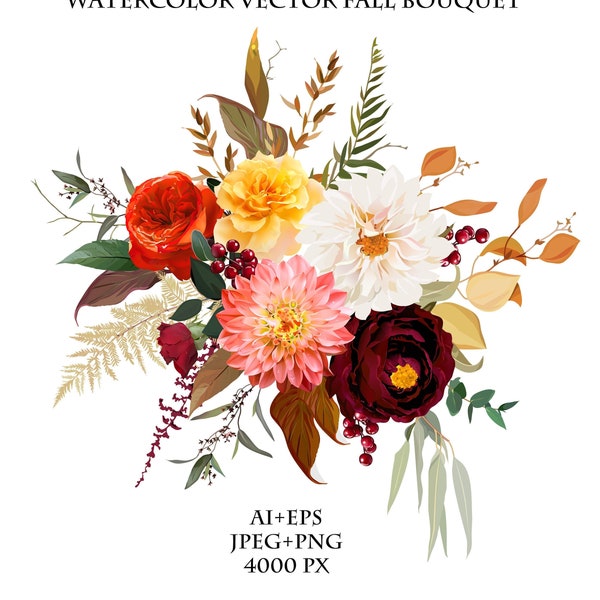 Wedding vector design bouquet. Warm fall. Orange red, rust, burgundy, brown, cream, gold, beige, coral. Rose flower, dahlia, ranunculus,