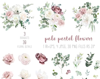 Silver sage green and blush pink flowers vector design big set. Dusty rose, white carnation, mauve rose, ranunculus, eucalyptus, greenery