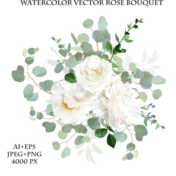 Classic white peony, cream beige rose and ranunculus flowers, eucalyptus, greenery, big vector design wedding spring bouquet. Floral summer