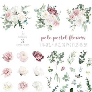 Grand ensemble de fleurs vert sauge argenté et rose poudré. Rose cendrée, oeillet blanc, rose mauve, renoncule, eucalyptus, verdure
