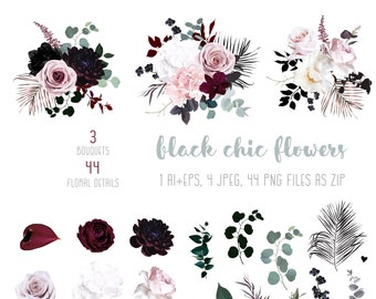 Dusty Pink, Pastel, Black Flowers Big Vector Design Set. Hydrangea