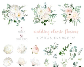 Blush pink rose and sage greenery, ivory peony, magnolia, beige dahlia, ranunculus flowers, eucalyptus vector collection. Floral pastel