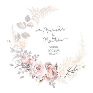 Cadre moderne de design vectoriel tendance beige et blush. Carte ronde herbe de pampa séchée pastel, fougère brune, renoncule blanche, rose rose poudré